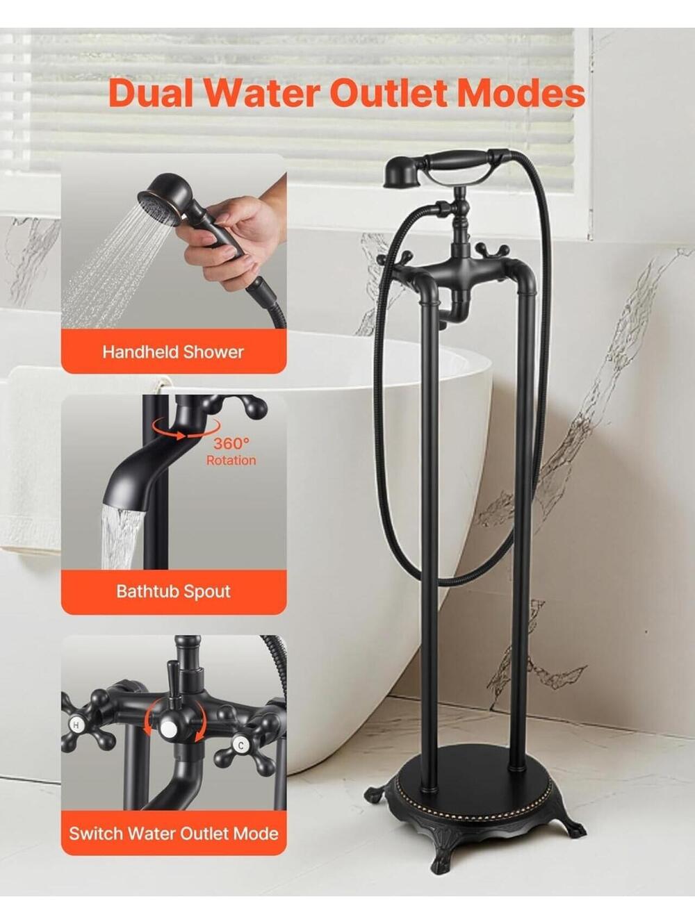 VEVOR Freestanding Clawfoot Bathtub Faucet Oil Rubbed Bronze Shower Filler Kit